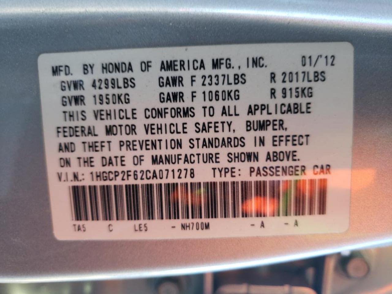 Photo 10 from auction – 2012 HONDA ACCORD SE with VIN 1HGCP2F62CA071278