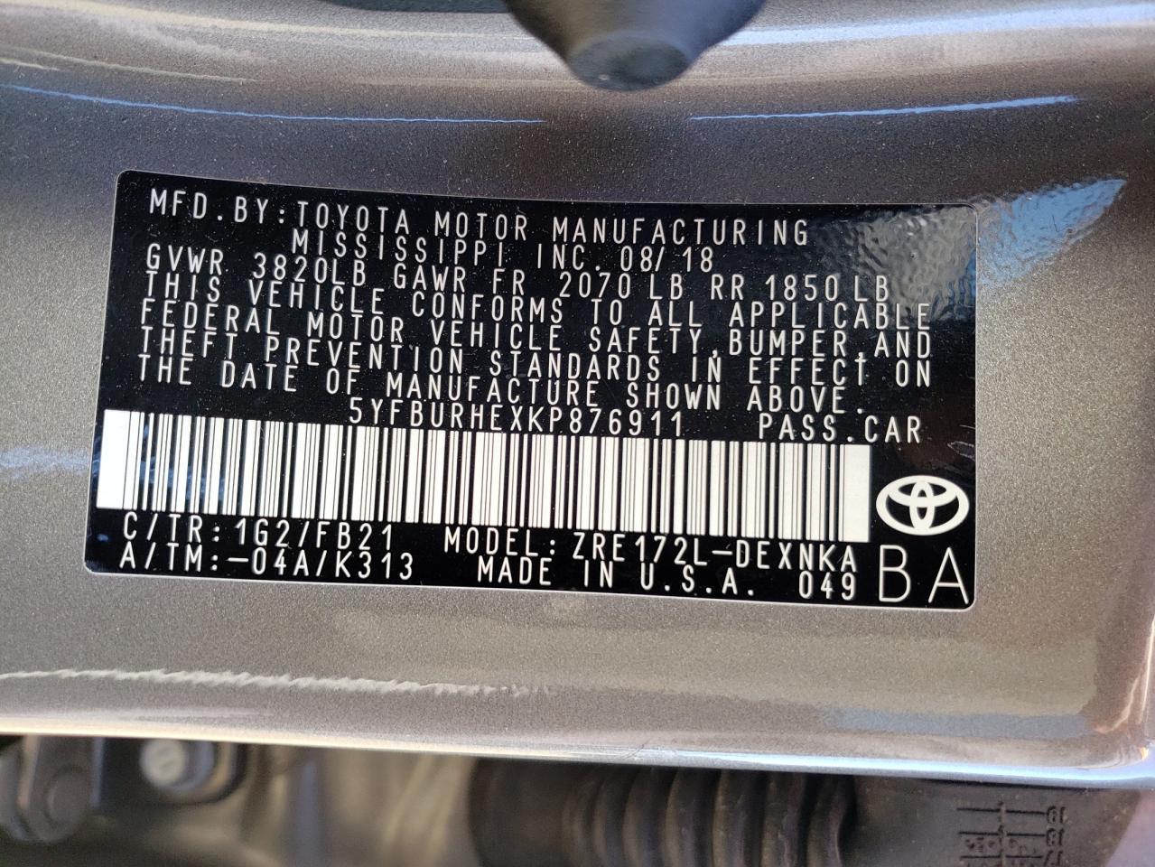 Photo 10 from auction – 2019 TOYOTA COROLLA L with VIN 5YFBURHEXKP876911