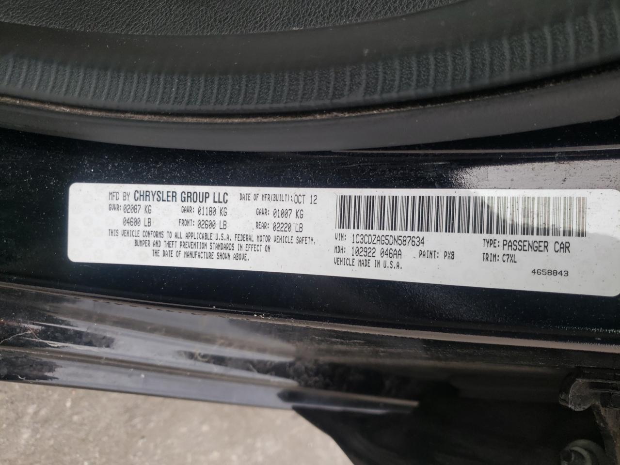 Photo 10 from auction – 2013 DODGE AVENGER SE with VIN 1C3CDZAG5DN587634