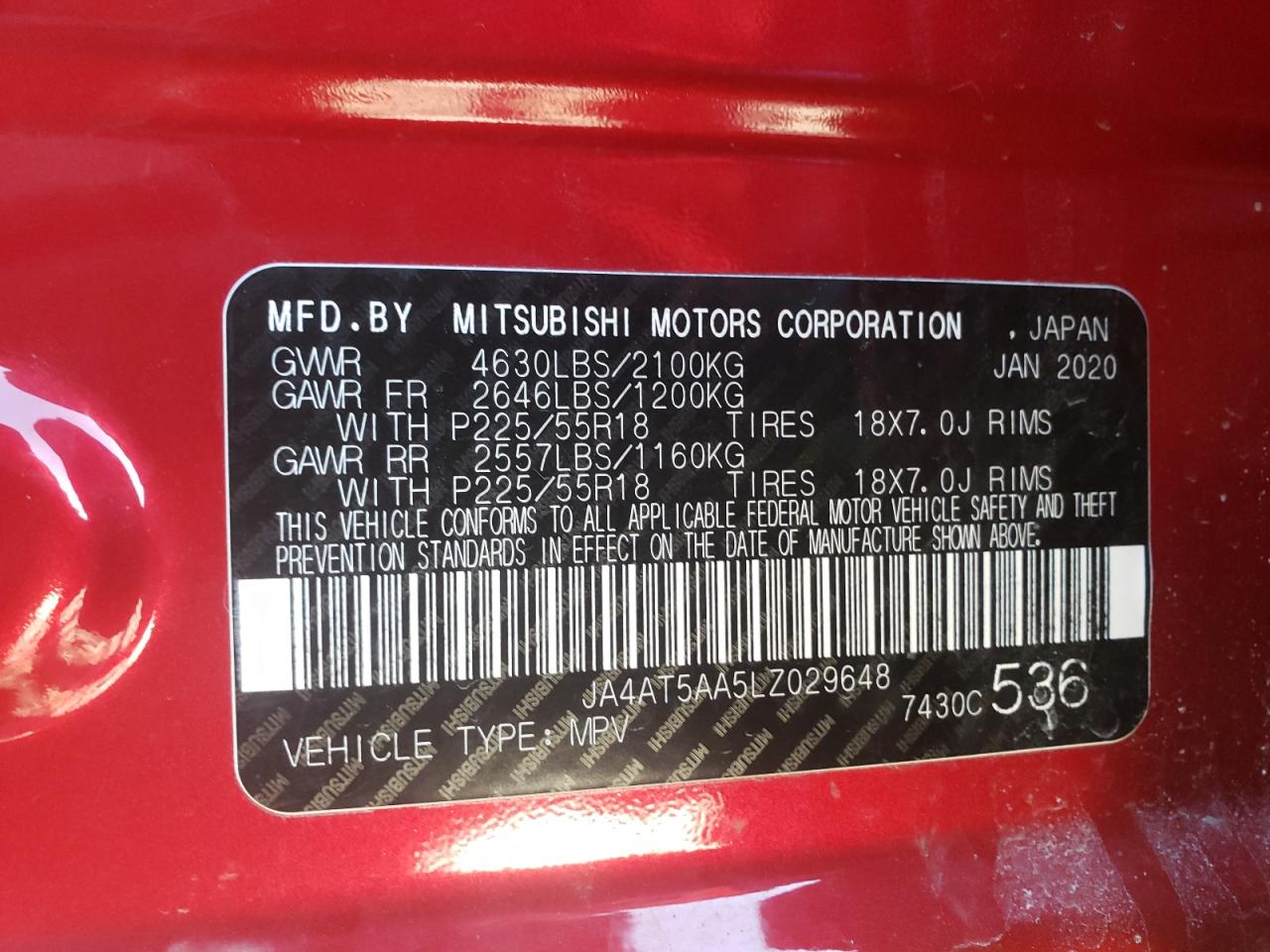 Photo 10 from auction – 2020 MITSUBISHI ECLIPSE CR with VIN JA4AT5AA5LZ029648