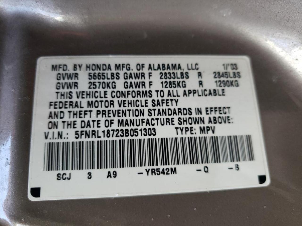 Photo 10 from auction – 2003 HONDA ODYSSEY with VIN 5FNRL18723B051303