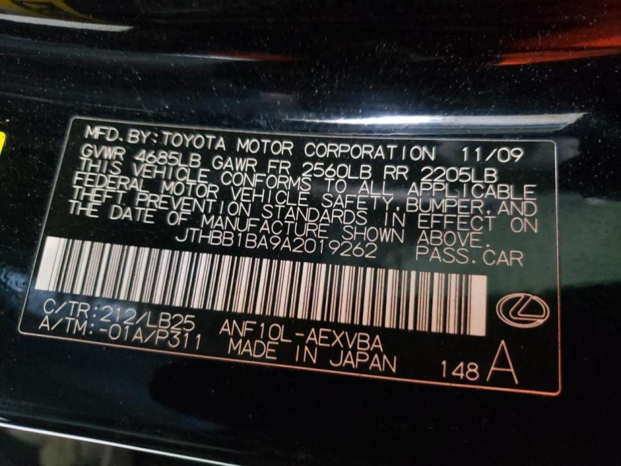 Photo 10 from auction – 2010 LEXUS HS 250H with VIN JTHBB1BA9A2019262