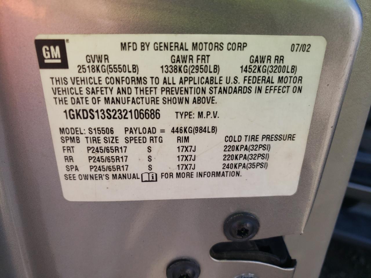 Photo 10 from auction – 2003 GMC ENVOY with VIN 1GKDS13S232106686
