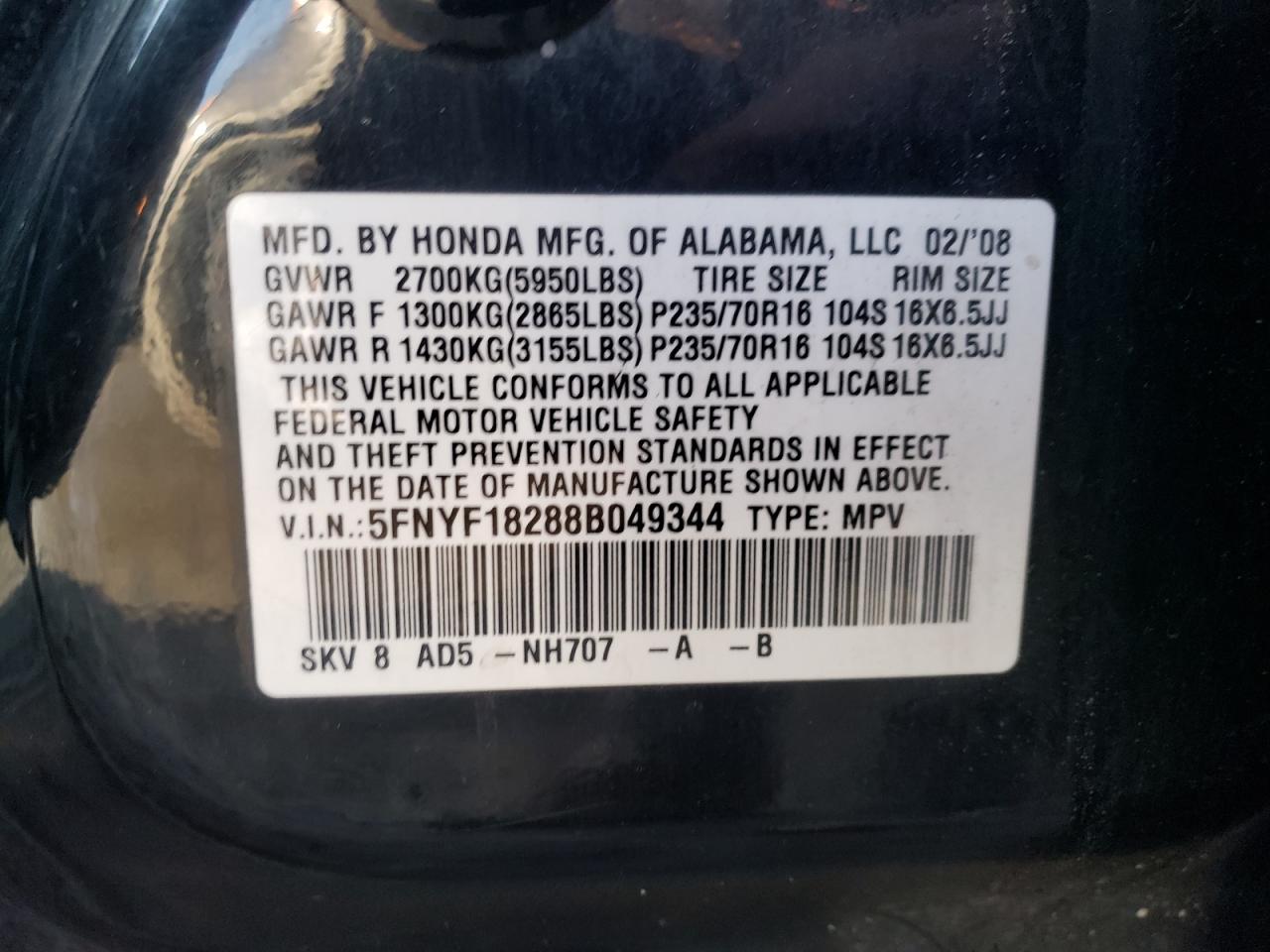 Photo 10 from auction – 2008 HONDA PILOT VP with VIN 5FNYF18288B049344