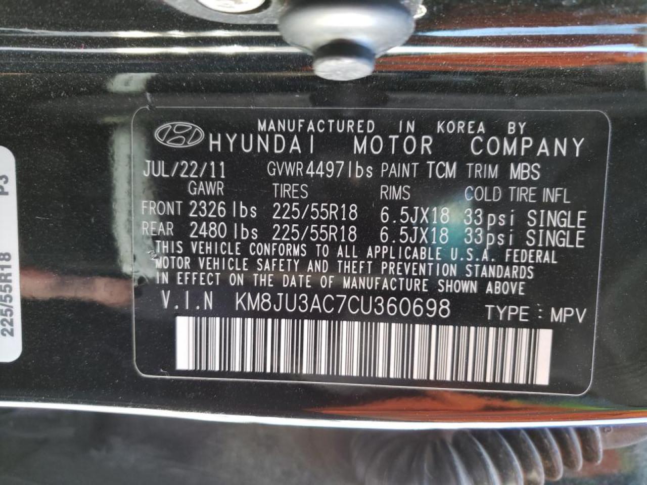 Photo 10 from auction – 2012 HYUNDAI TUCSON GLS with VIN KM8JU3AC7CU360698