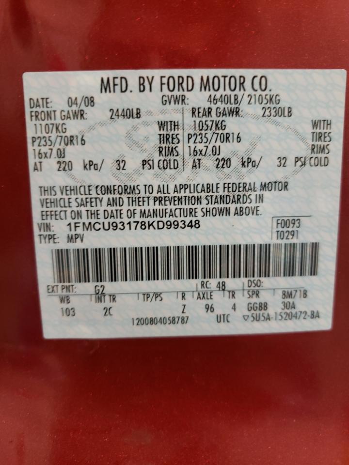 Photo 10 from auction – 2008 FORD ESCAPE XLT with VIN 1FMCU93178KD99348