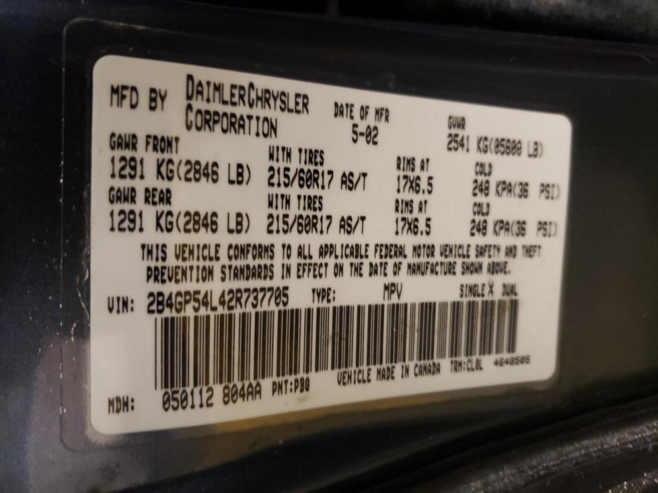 Photo 10 from auction – 2002 DODGE GRAND CARA with VIN 2B4GP54L42R737705