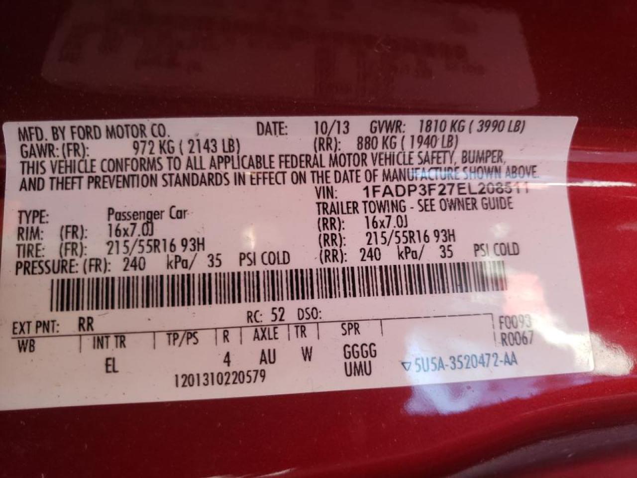 Photo 10 from auction – 2014 FORD FOCUS SE with VIN 1FADP3F27EL208511