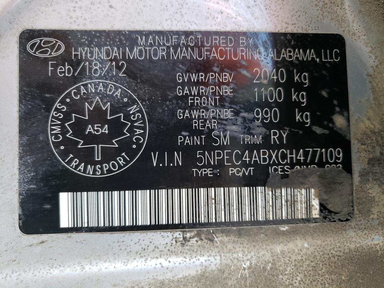 Photo 10 from auction – 2012 HYUNDAI SONATA SE with VIN 5NPEC4ABXCH477109