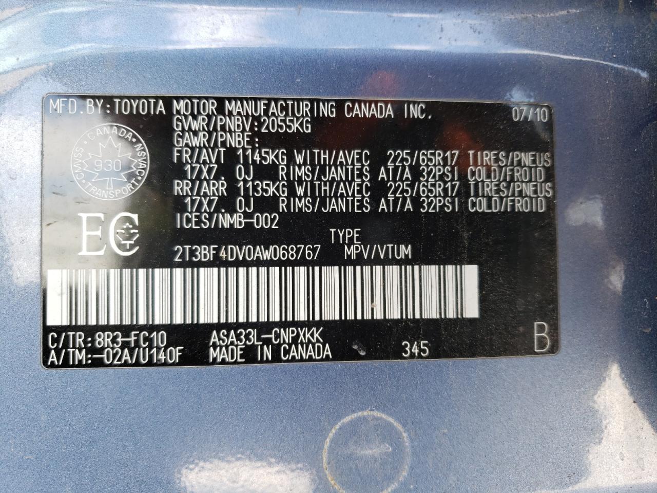 Zdjęcie 10 z aukcji – 2010 TOYOTA RAV4 z VIN 2T3BF4DV0AW068767