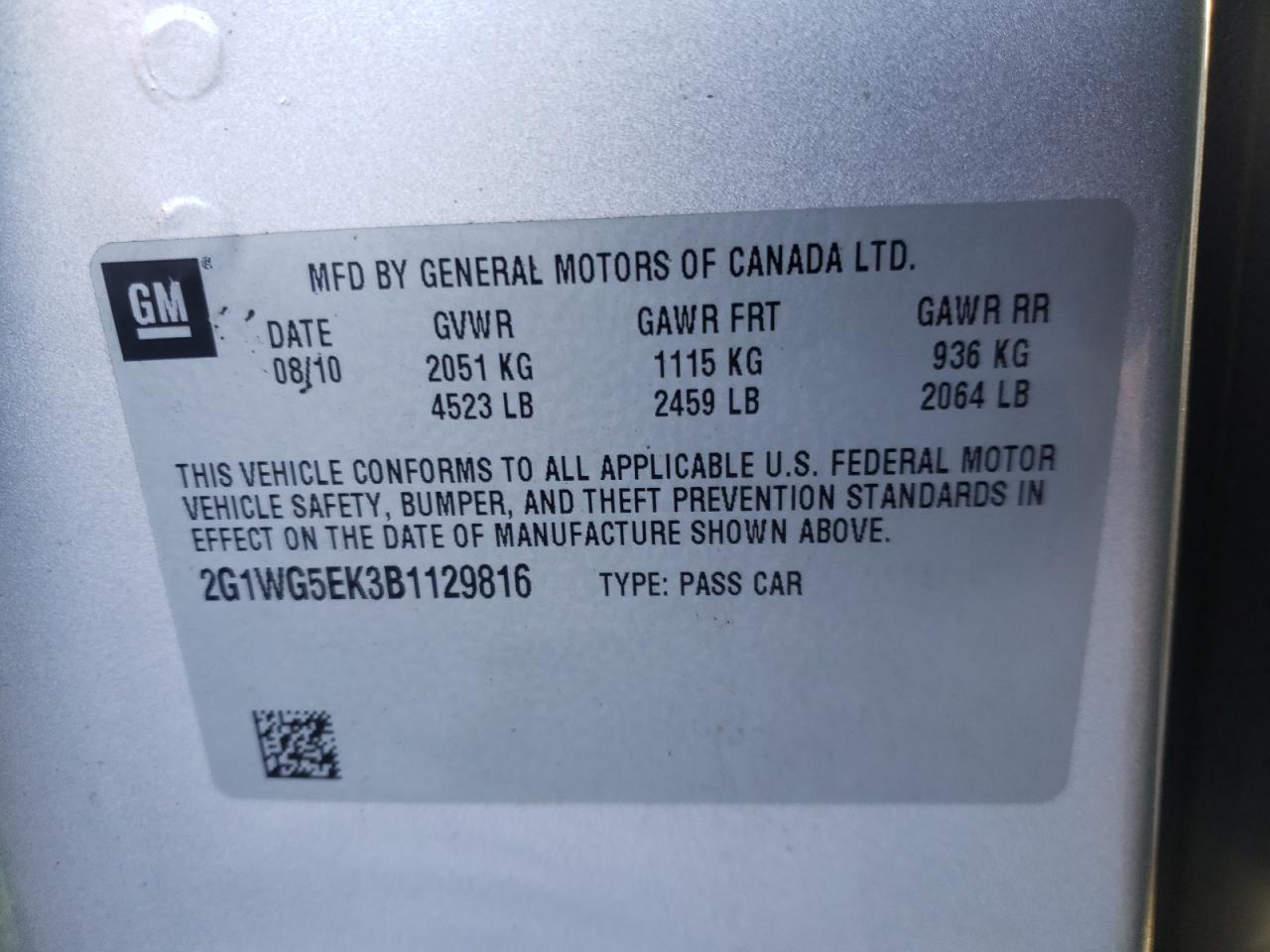 Photo 10 from auction – 2011 CHEVROLET IMPALA LT with VIN 2G1WG5EK3B1129816