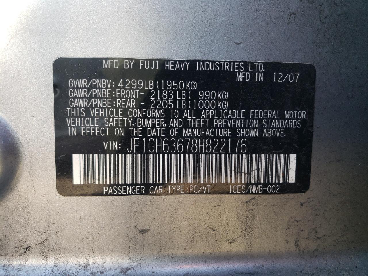 Photo 10 from auction – 2008 SUBARU IMPREZA OU with VIN JF1GH63678H822176