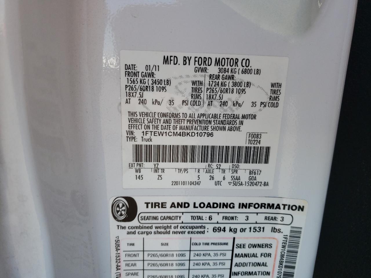 Photo 10 from auction – 2011 FORD F150 SUPER with VIN 1FTEW1CM4BKD10796