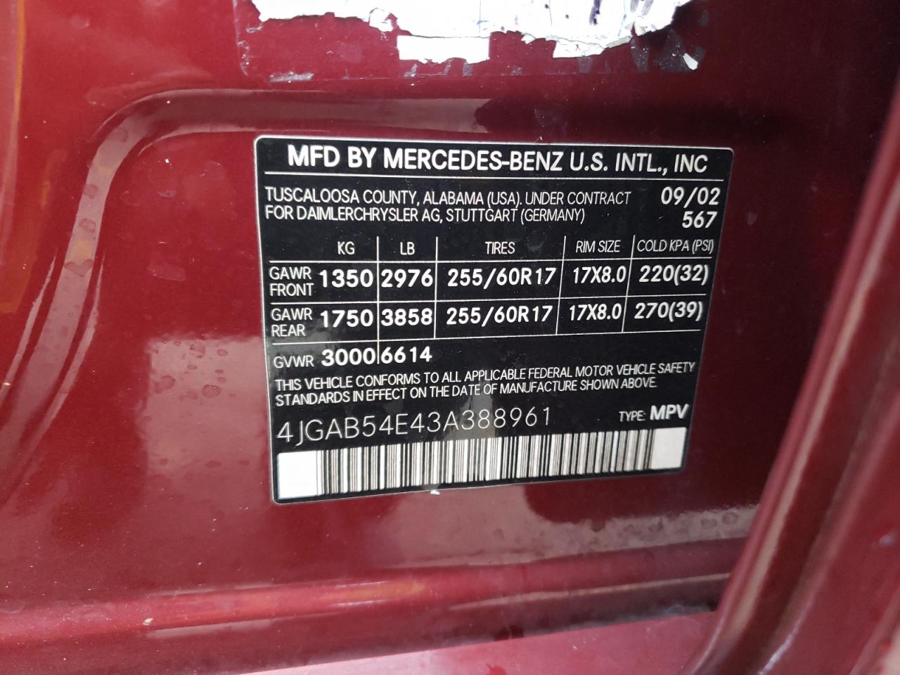 Photo 10 from auction – 2003 MERCEDES-BENZ ML 320 with VIN 4JGAB54E43A388961