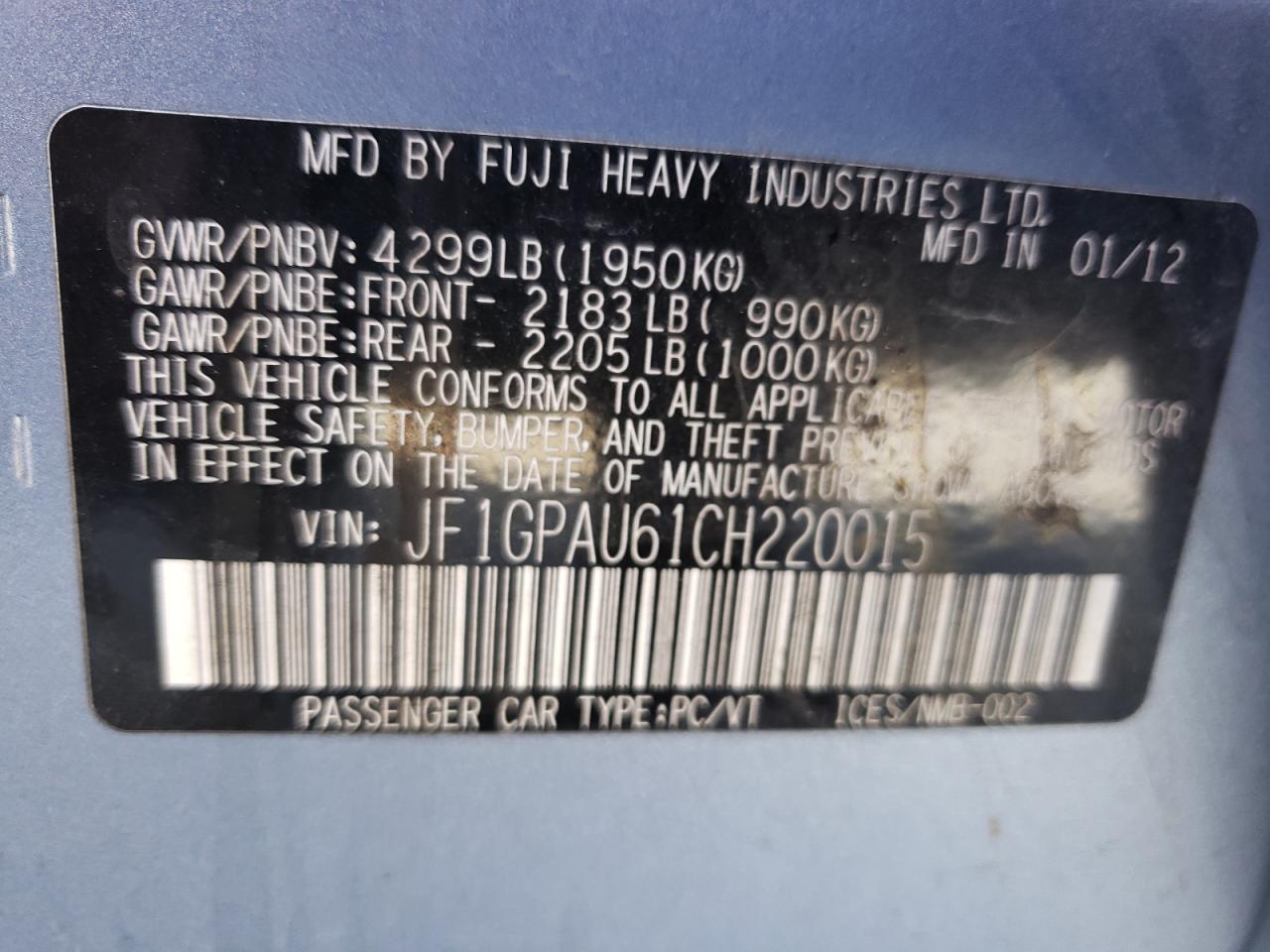 Photo 10 from auction – 2012 SUBARU IMPREZA SP with VIN JF1GPAU61CH220015