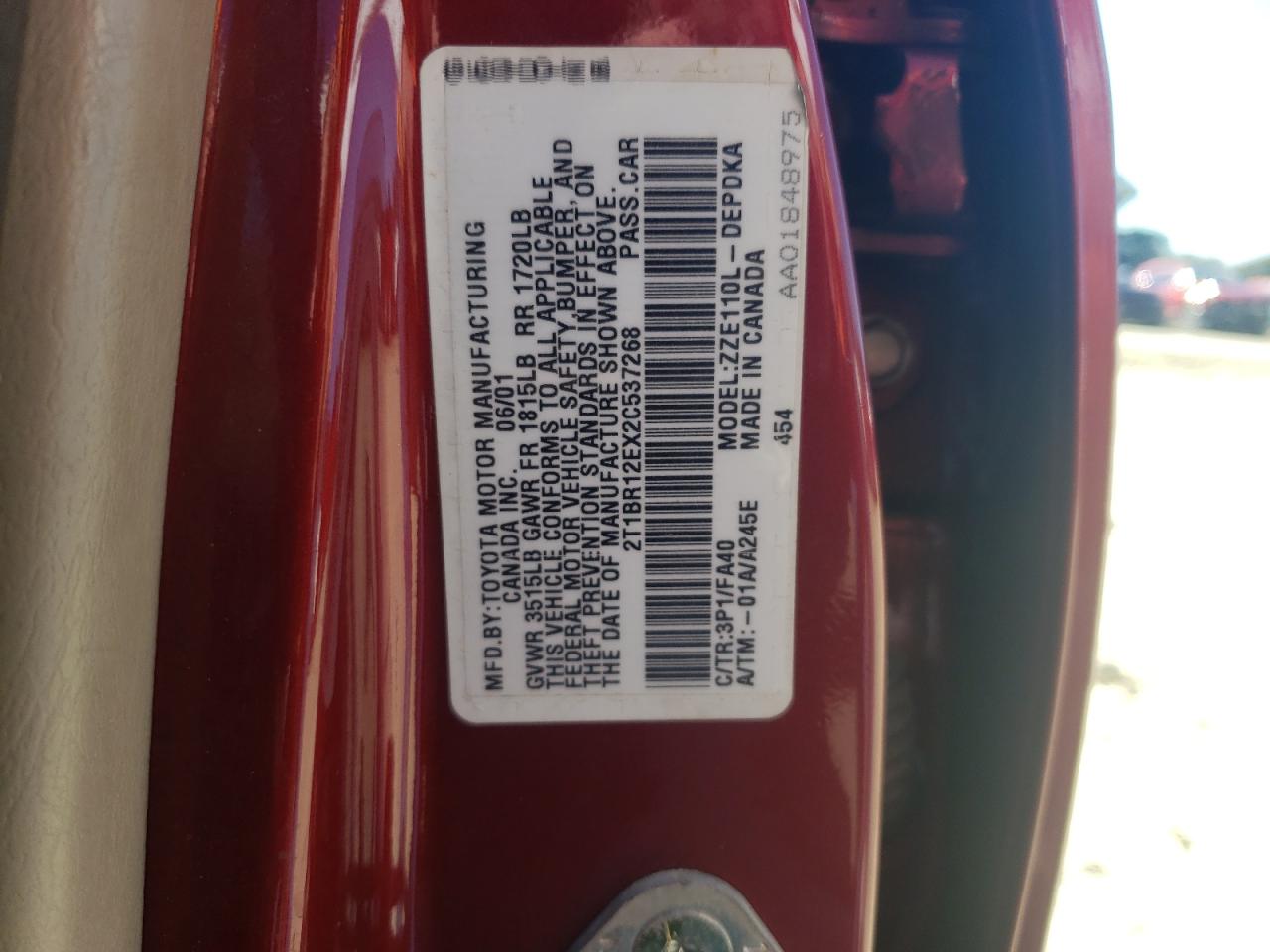 Photo 10 from auction – 2002 TOYOTA COROLLA CE with VIN 2T1BR12EX2C537268