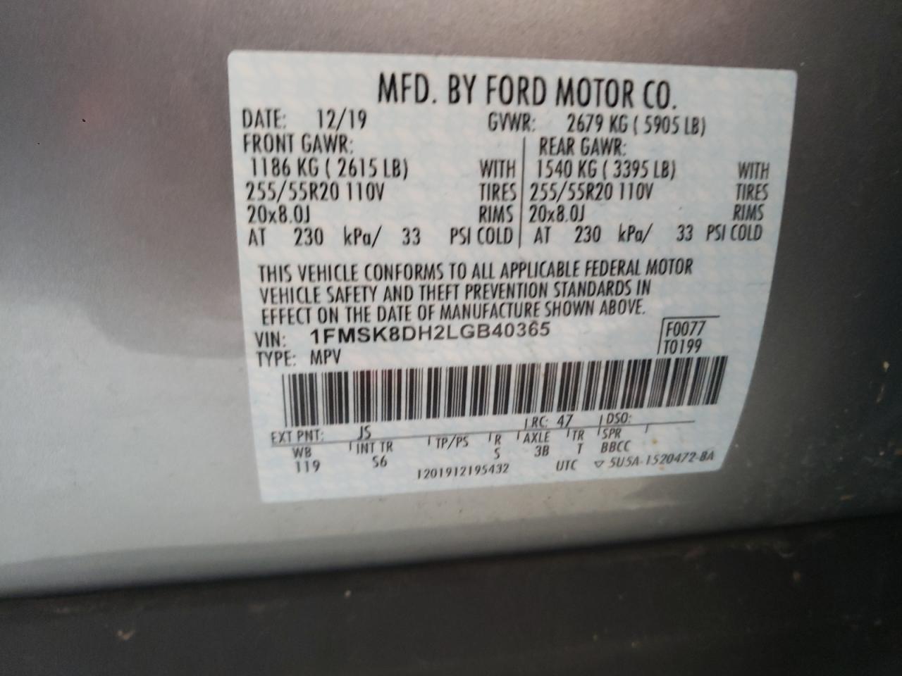 Photo 10 from auction – 2020 FORD EXPLORER X with VIN 1FMSK8DH2LGB40365
