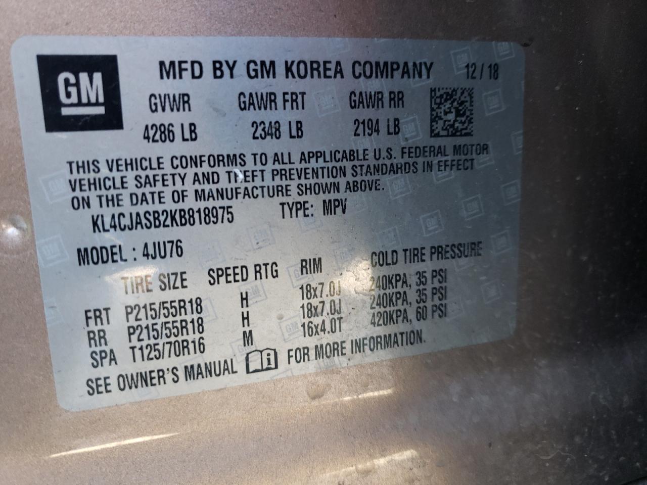 Photo 10 from auction – 2019 BUICK ENCORE PRE with VIN KL4CJASB2KB818975