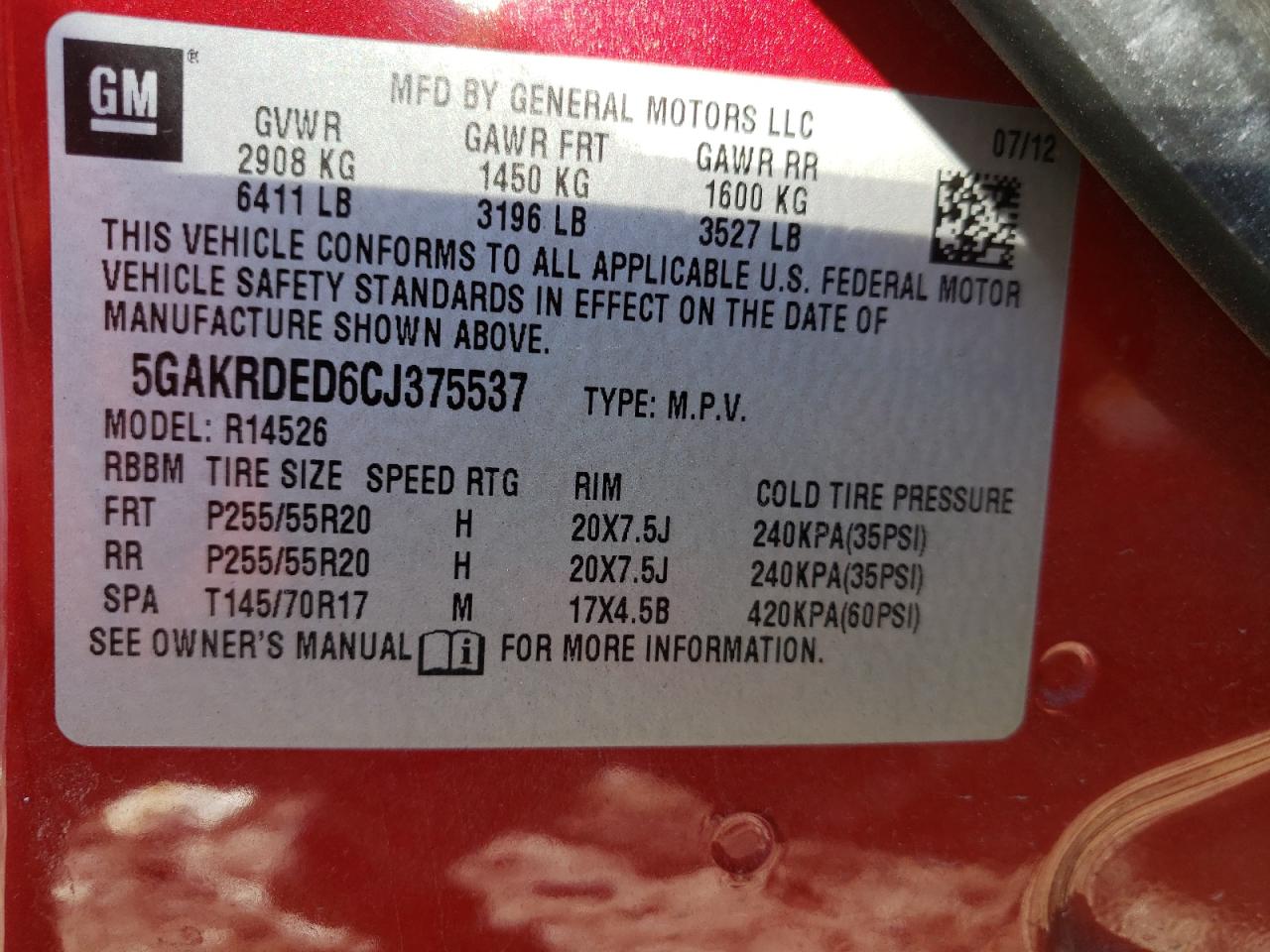 Photo 10 from auction – 2012 BUICK ENCLAVE with VIN 5GAKRDED6CJ375537