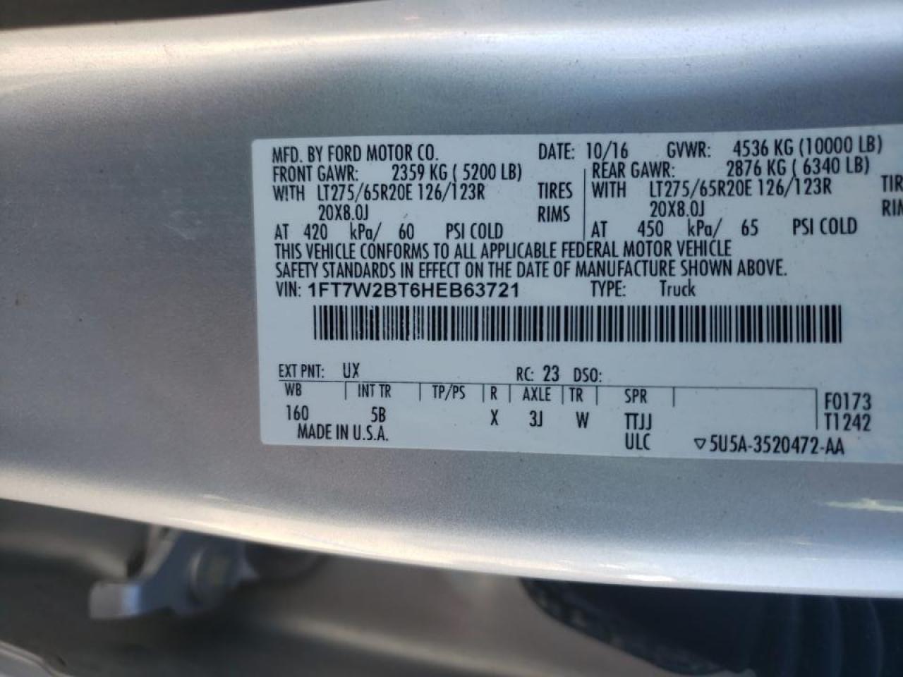 Photo 10 from auction – 2017 FORD F250 SUPER with VIN 1FT7W2BT6HEB63721