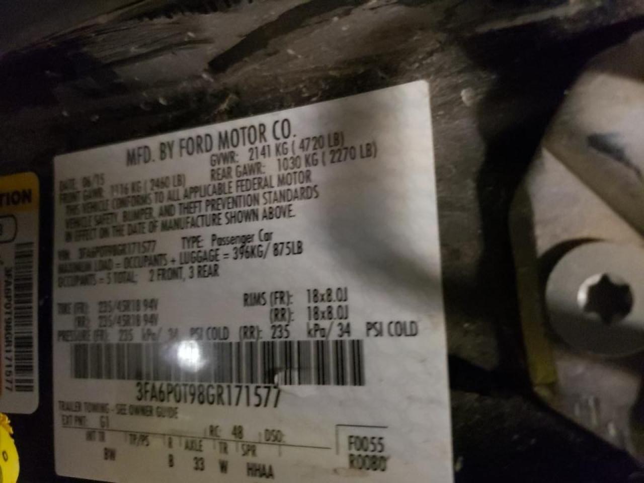 Photo 10 from auction – 2016 FORD FUSION SE with VIN 3FA6P0T98GR171577