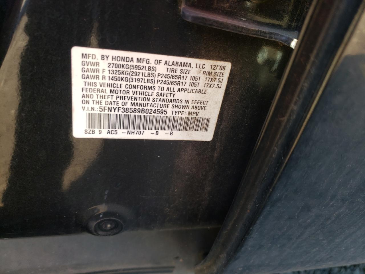 Photo 10 from auction – 2009 HONDA PILOT EXL with VIN 5FNYF38589B024595