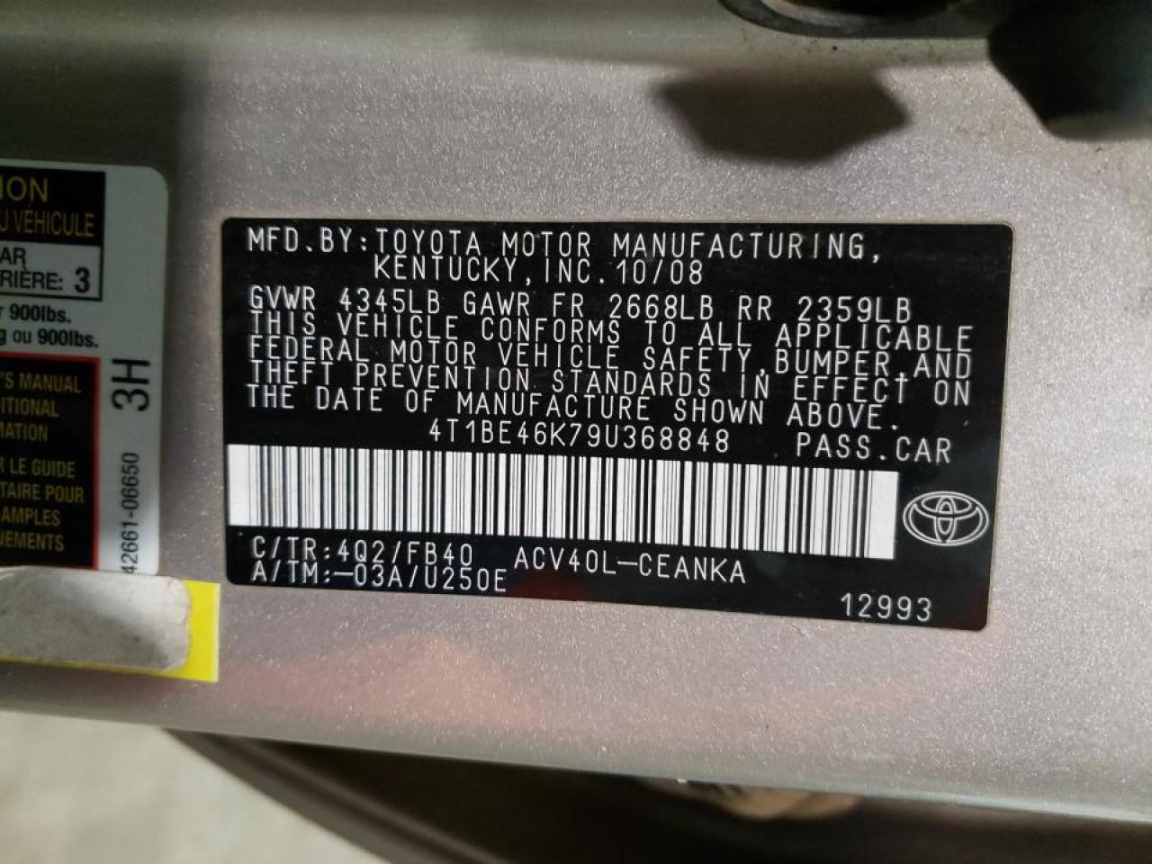 Photo 10 from auction – 2009 TOYOTA CAMRY BASE with VIN 4T1BE46K79U368848