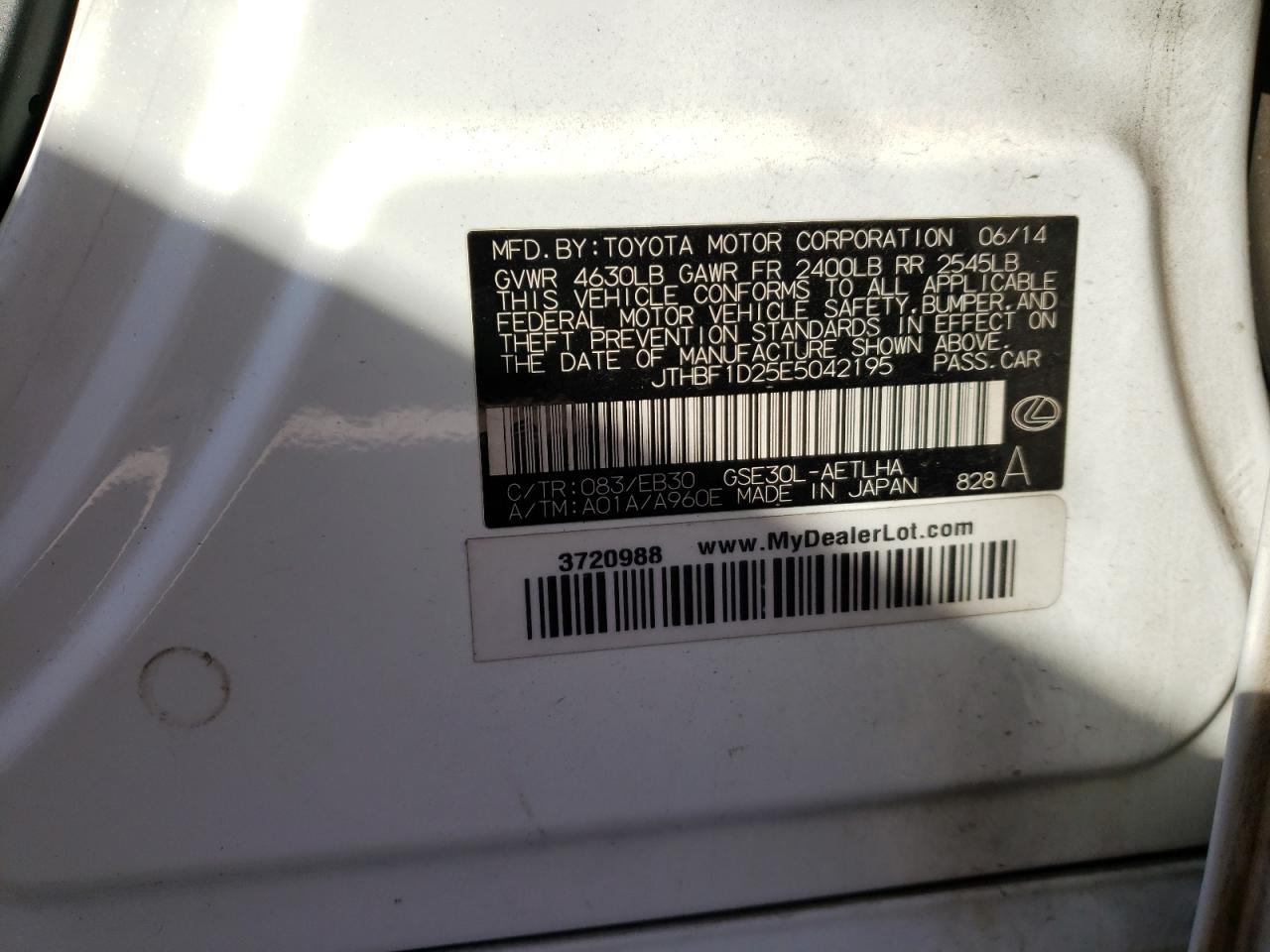 Photo 10 from auction – 2014 LEXUS IS 250 with VIN JTHBF1D25E5042195
