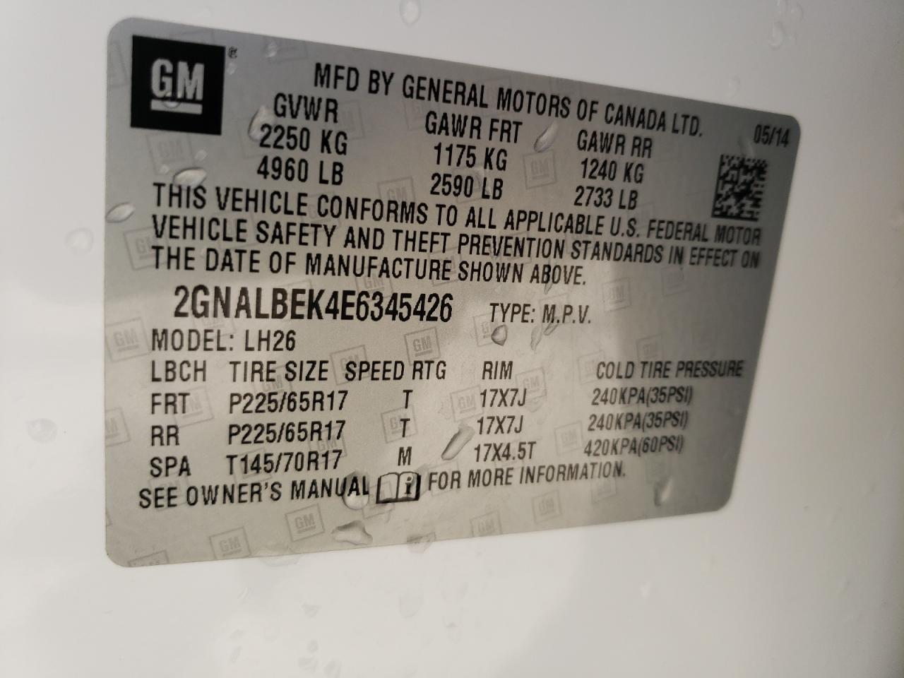 Photo 10 from auction – 2014 CHEVROLET EQUINOX LT with VIN 2GNALBEK4E6345426