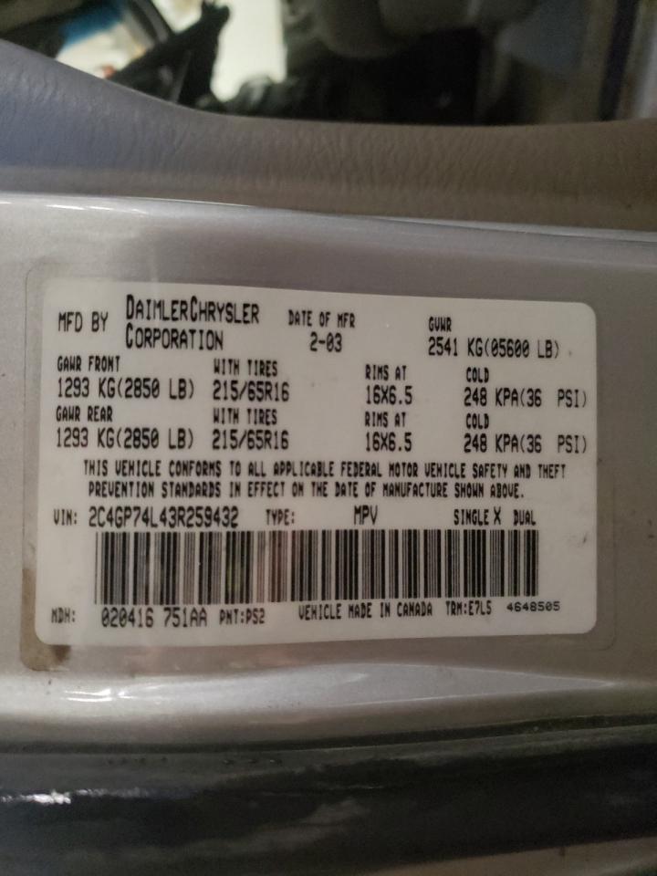 Photo 10 from auction – 2003 CHRYSLER TOWN & COU with VIN 2C4GP74L43R259432