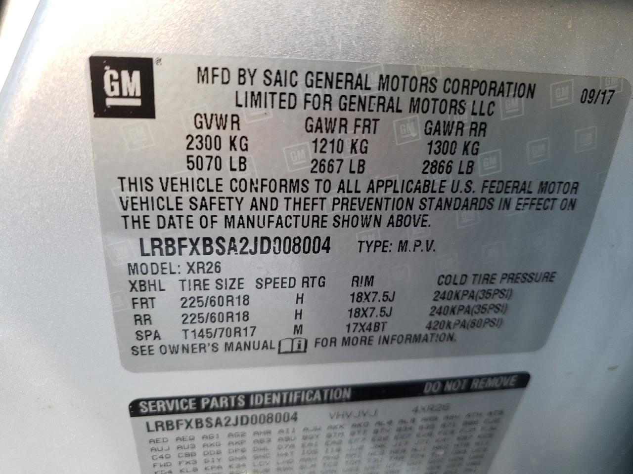 Photo 10 from auction – 2018 BUICK ENVISION P with VIN LRBFXBSA2JD008004