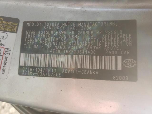 Photo 10 from auction – 2007 TOYOTA CAMRY CE with VIN 4T1BE46K77U641400