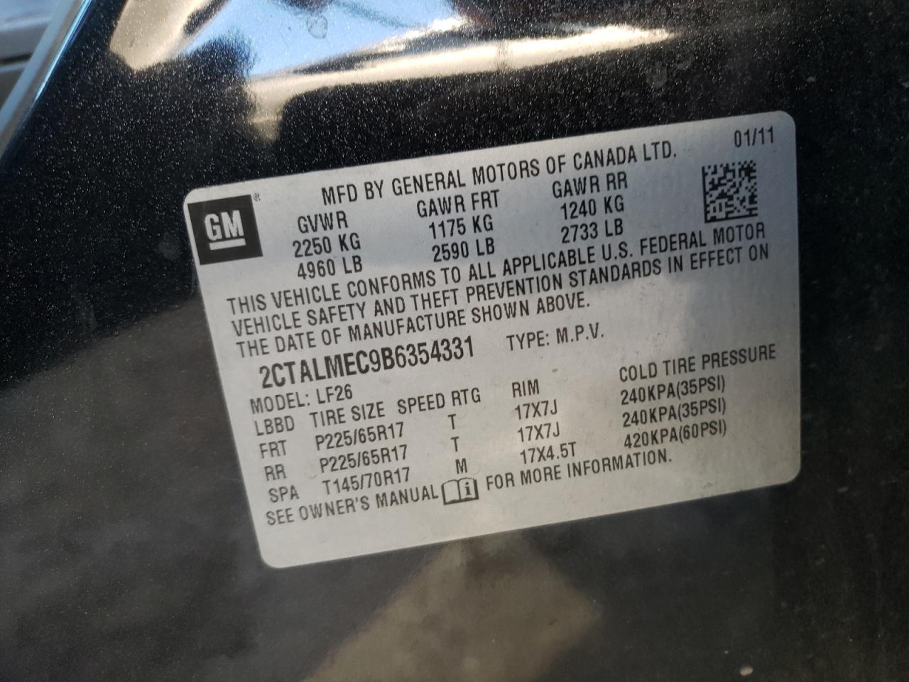 Photo 10 from auction – 2011 GMC TERRAIN SL with VIN 2CTALMEC9B6354331