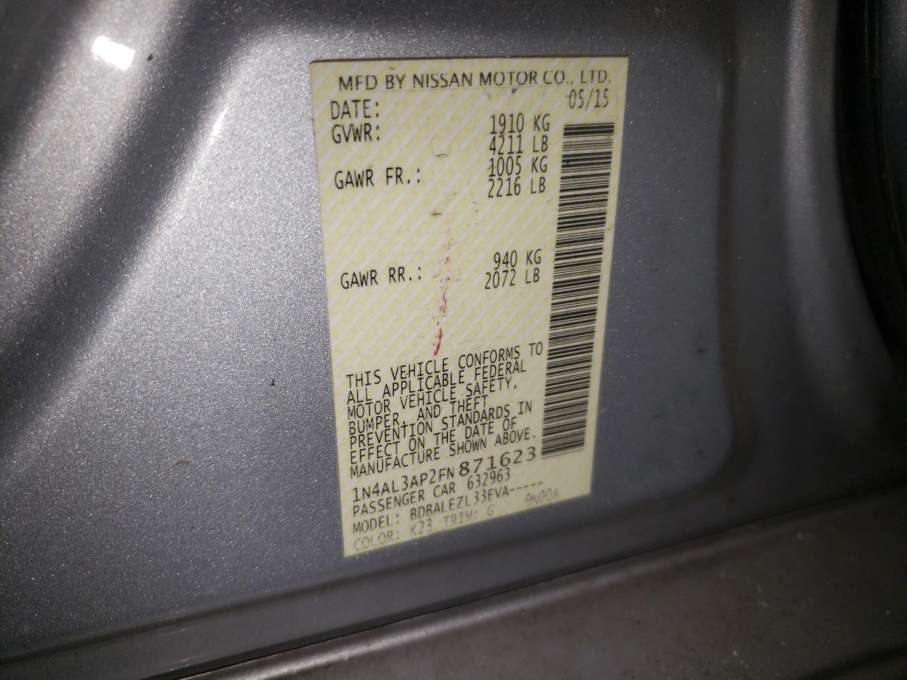 Photo 10 from auction – 2015 NISSAN ALTIMA 2.5 with VIN 1N4AL3AP2FN871623