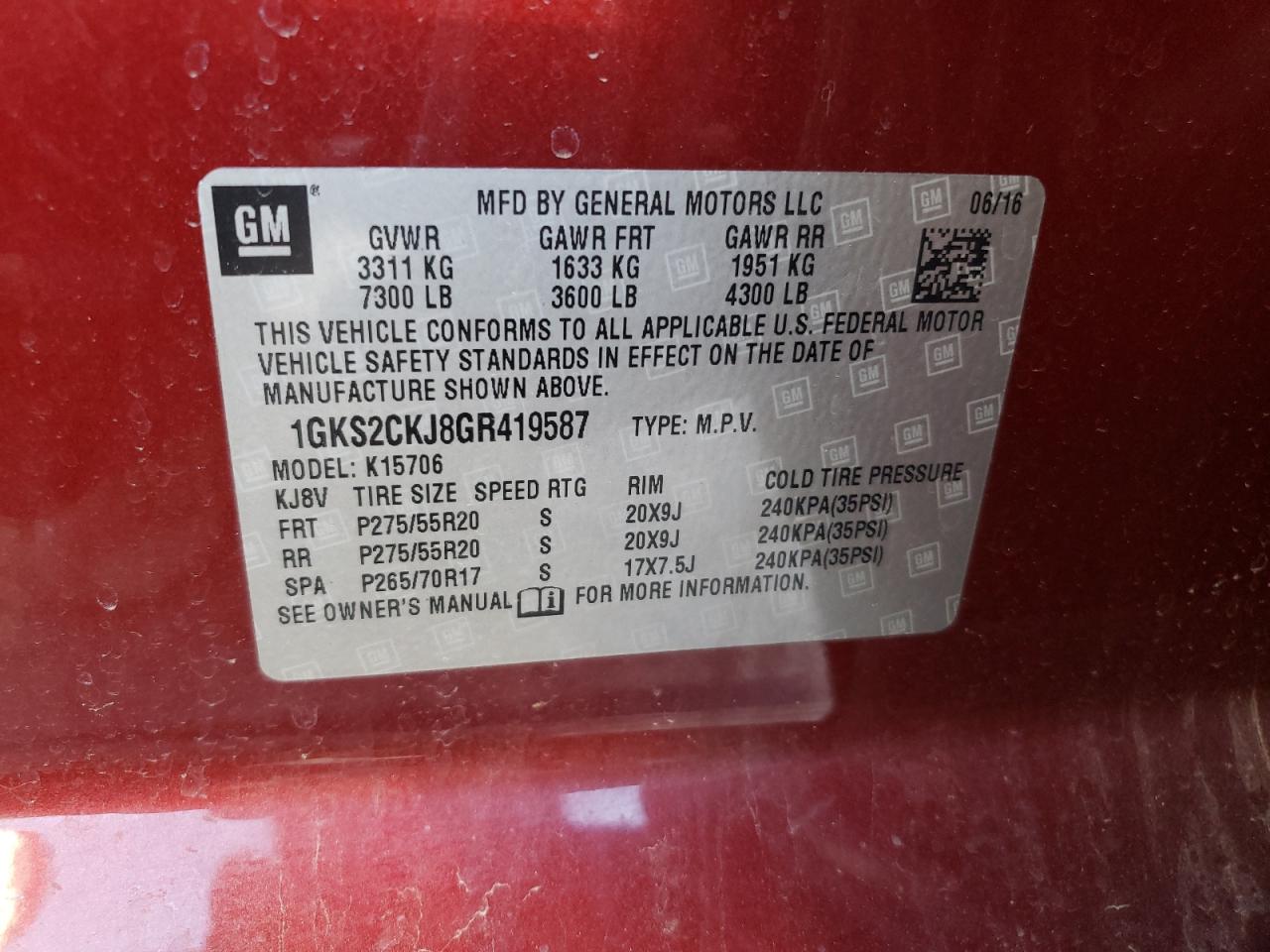 Photo 10 from auction – 2016 GMC YUKON DENA with VIN 1GKS2CKJ8GR419587
