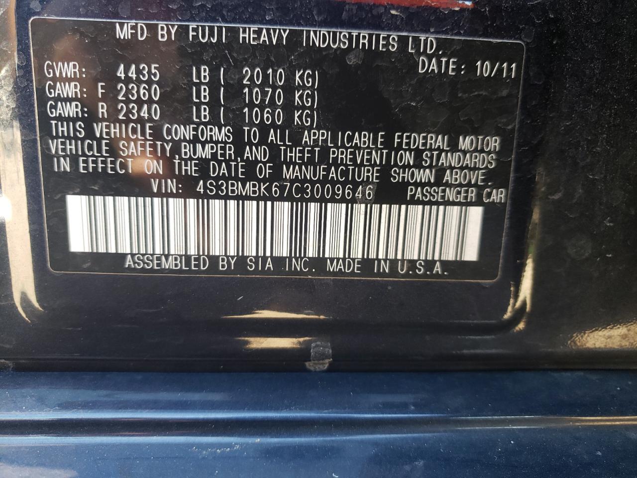 Photo 10 from auction – 2012 SUBARU LEGACY 2.5 with VIN 4S3BMBK67C3009646