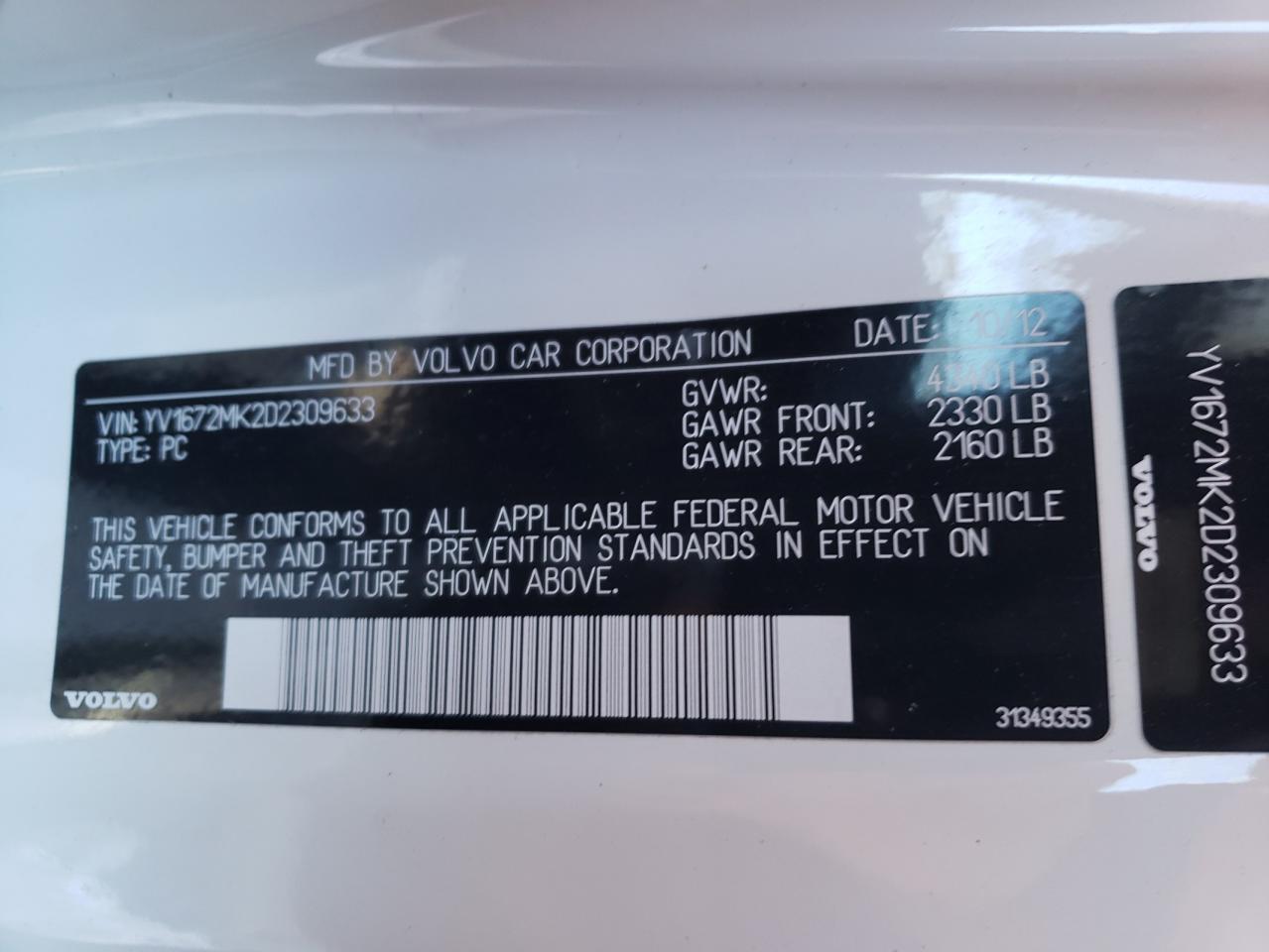 Photo 10 from auction – 2013 VOLVO C30 T5 with VIN YV1672MK2D2309633