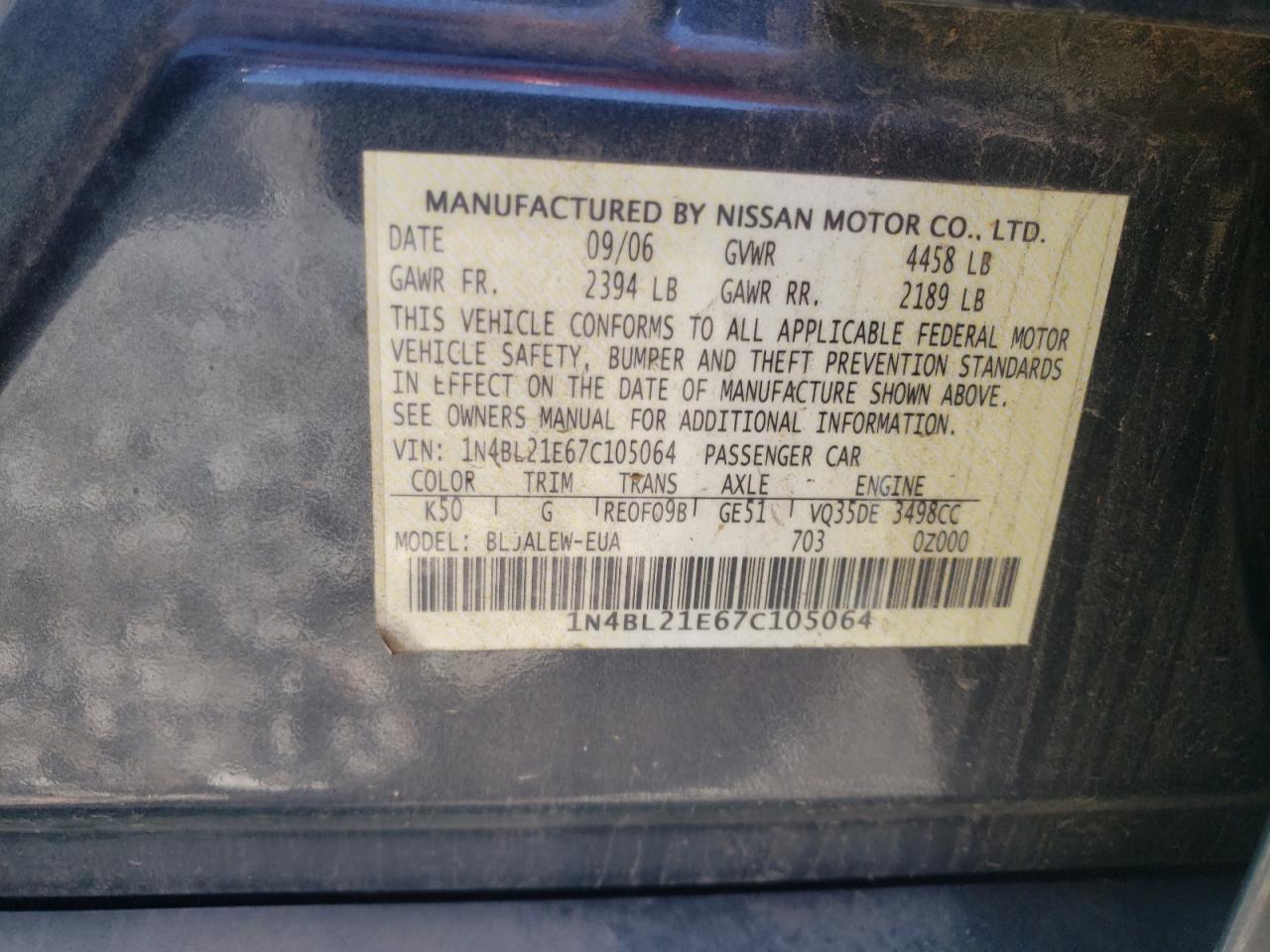 Photo 10 from auction – 2007 NISSAN ALTIMA 3.5 with VIN 1N4BL21E67C105064