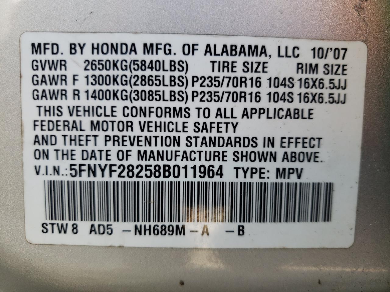 Photo 10 from auction – 2008 HONDA PILOT VP with VIN 5FNYF28258B011964
