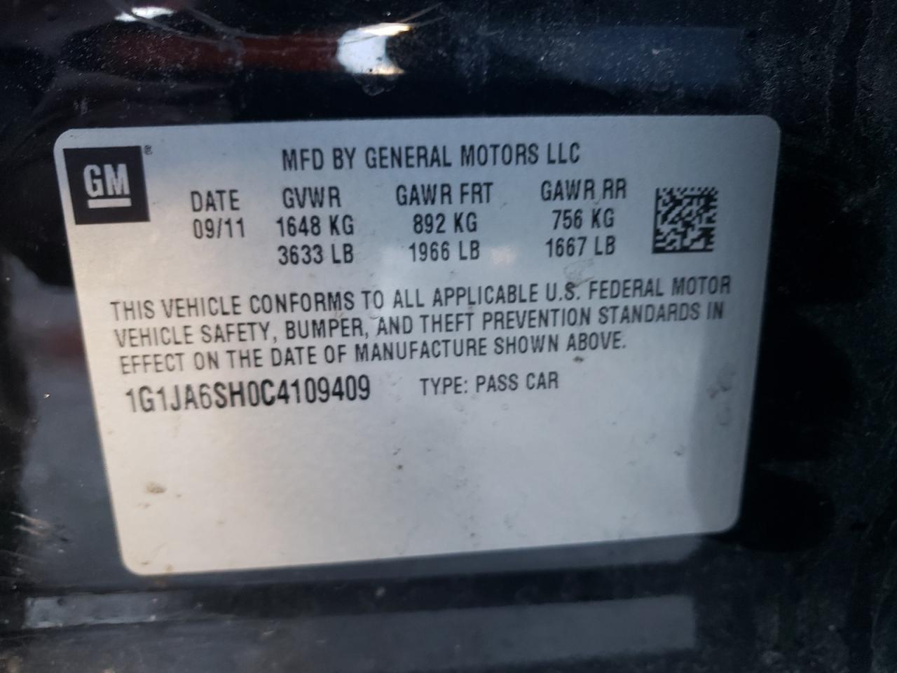 Photo 10 from auction – 2012 CHEVROLET SONIC LS with VIN 1G1JA6SH0C4109409