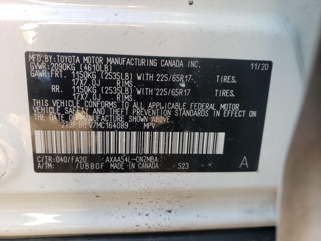 Photo 10 from auction – 2021 TOYOTA RAV4 XLE with VIN 2T3P1RFV7MC164089