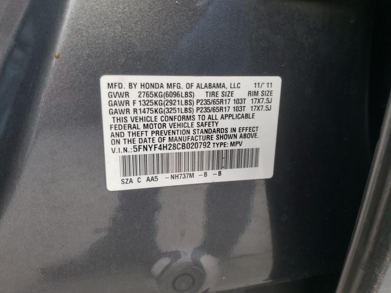 Photo 10 from auction – 2012 HONDA PILOT LX with VIN 5FNYF4H28CB020792
