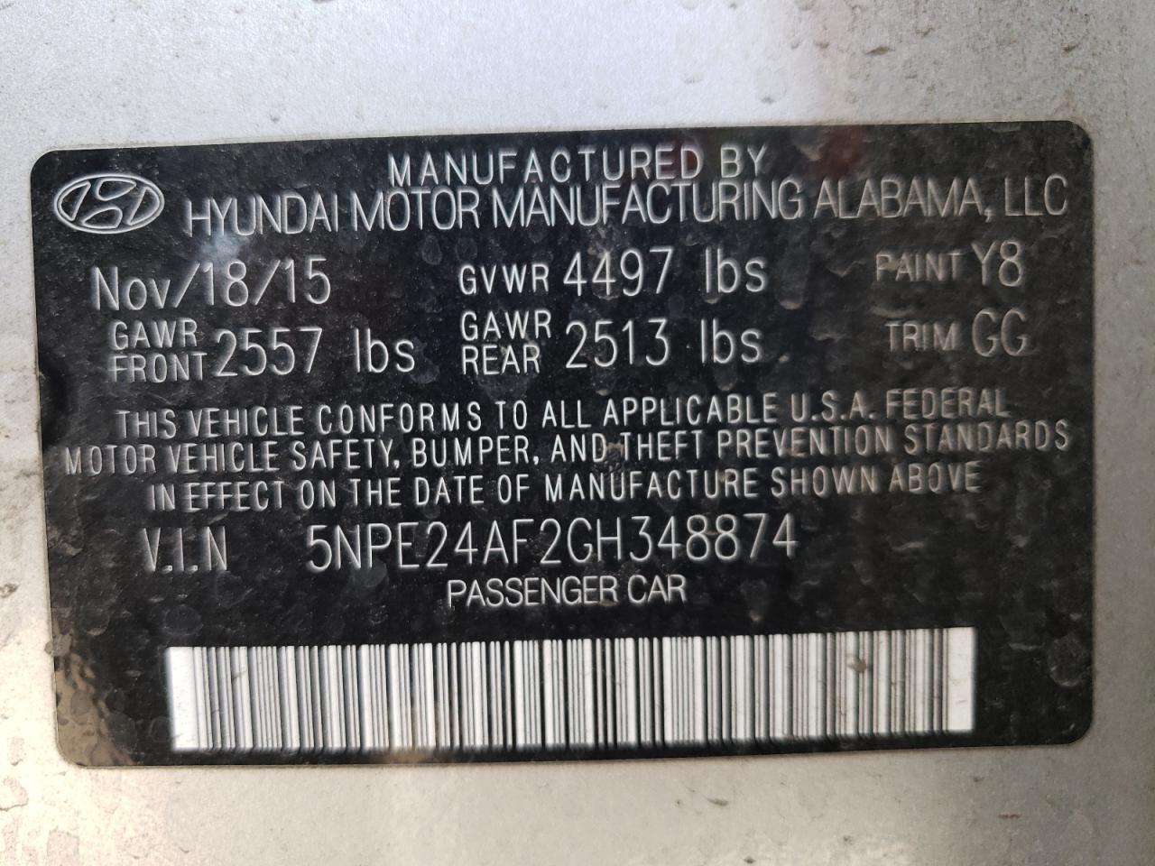 Photo 10 from auction – 2016 HYUNDAI SONATA SE with VIN 5NPE24AF2GH348874