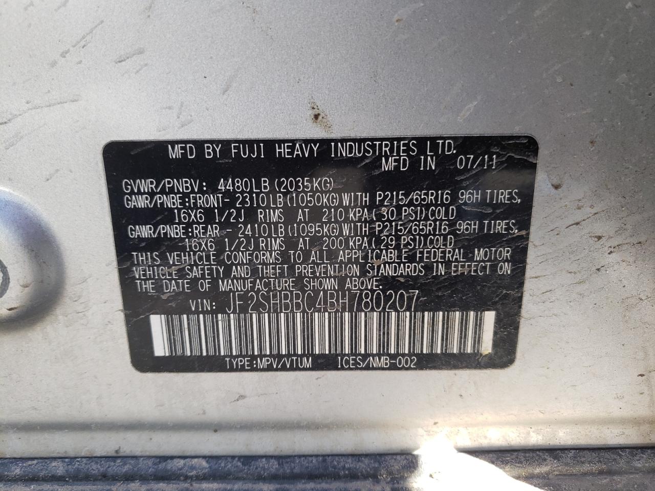 Photo 10 from auction – 2011 SUBARU FORESTER 2 with VIN JF2SHBBC4BH780207