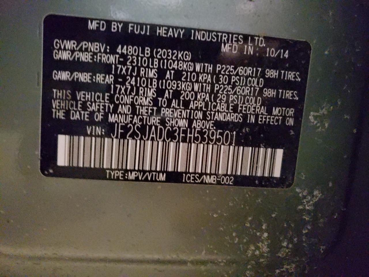 Photo 10 from auction – 2015 SUBARU FORESTER 2 with VIN JF2SJADC3FH539501