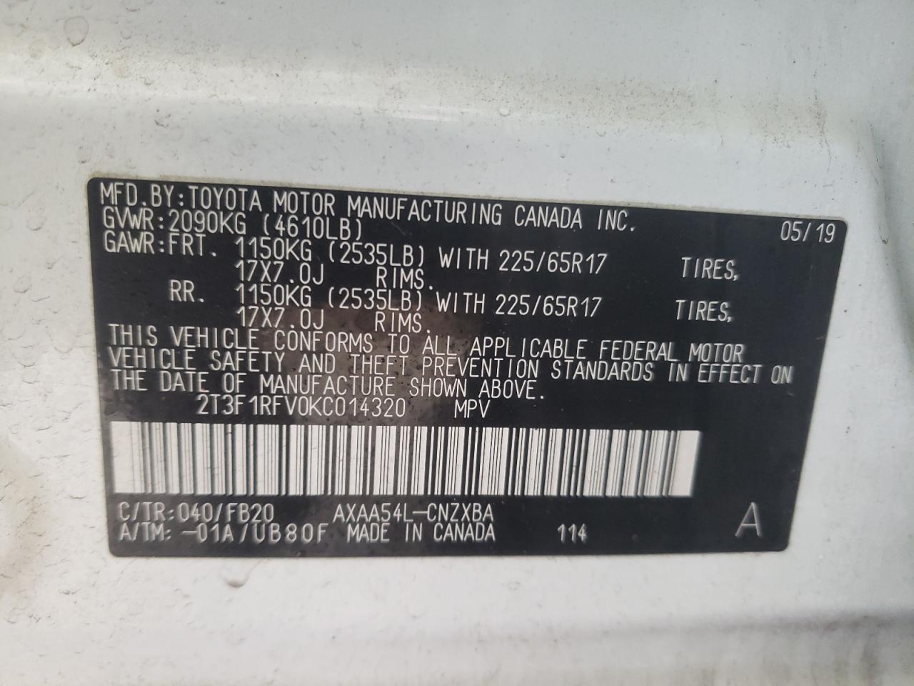 Photo 10 from auction – 2019 TOYOTA RAV4 LE with VIN 2T3F1RFV0KC014320