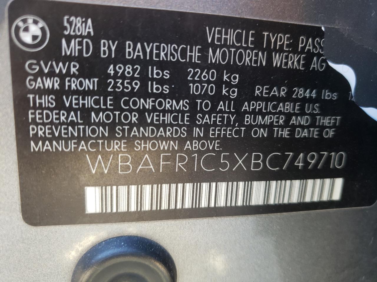 Photo 10 from auction – 2011 BMW 528 I with VIN WBAFR1C5XBC749710