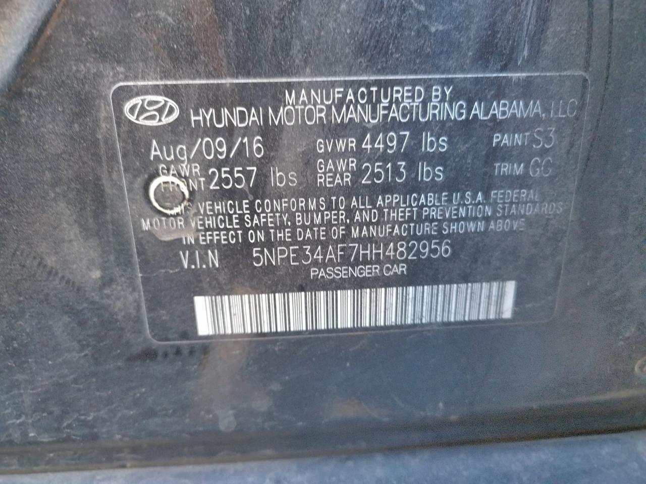 Photo 10 from auction – 2017 HYUNDAI SONATA SPO with VIN 5NPE34AF7HH482956