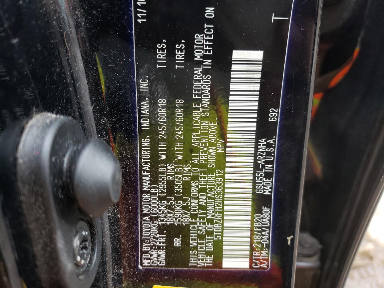 Photo 10 from auction – 2017 TOYOTA HIGHLANDER with VIN 5TDBZRFH2HS363912