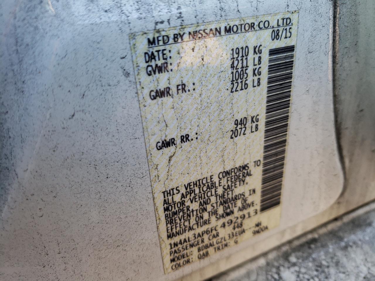 Photo 10 from auction – 2015 NISSAN ALTIMA 2.5 with VIN 1N4AL3AP6FC492913